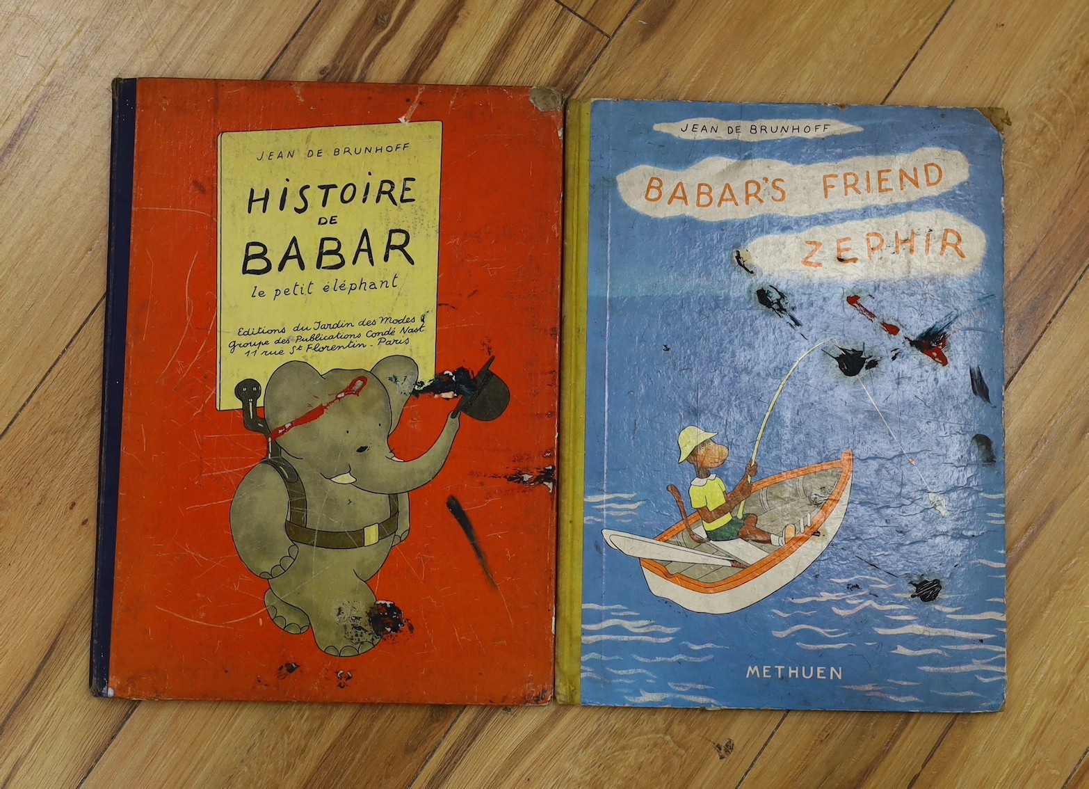 Brunhoff, Jean de - Babar’s Friend Zephir, folio, original half cloth with pictorial boards, Methuen & Co., Ltd, London, 1937 and Histoire de Barbara le Petit Elephant, 1st edition, folio, original half cloth with pictor